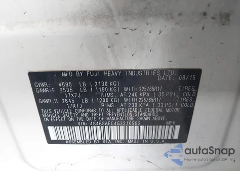 2016 Subaru Outback 2.5I Premium from USA, damaged, VIN 4S4BSAFC4G3216982